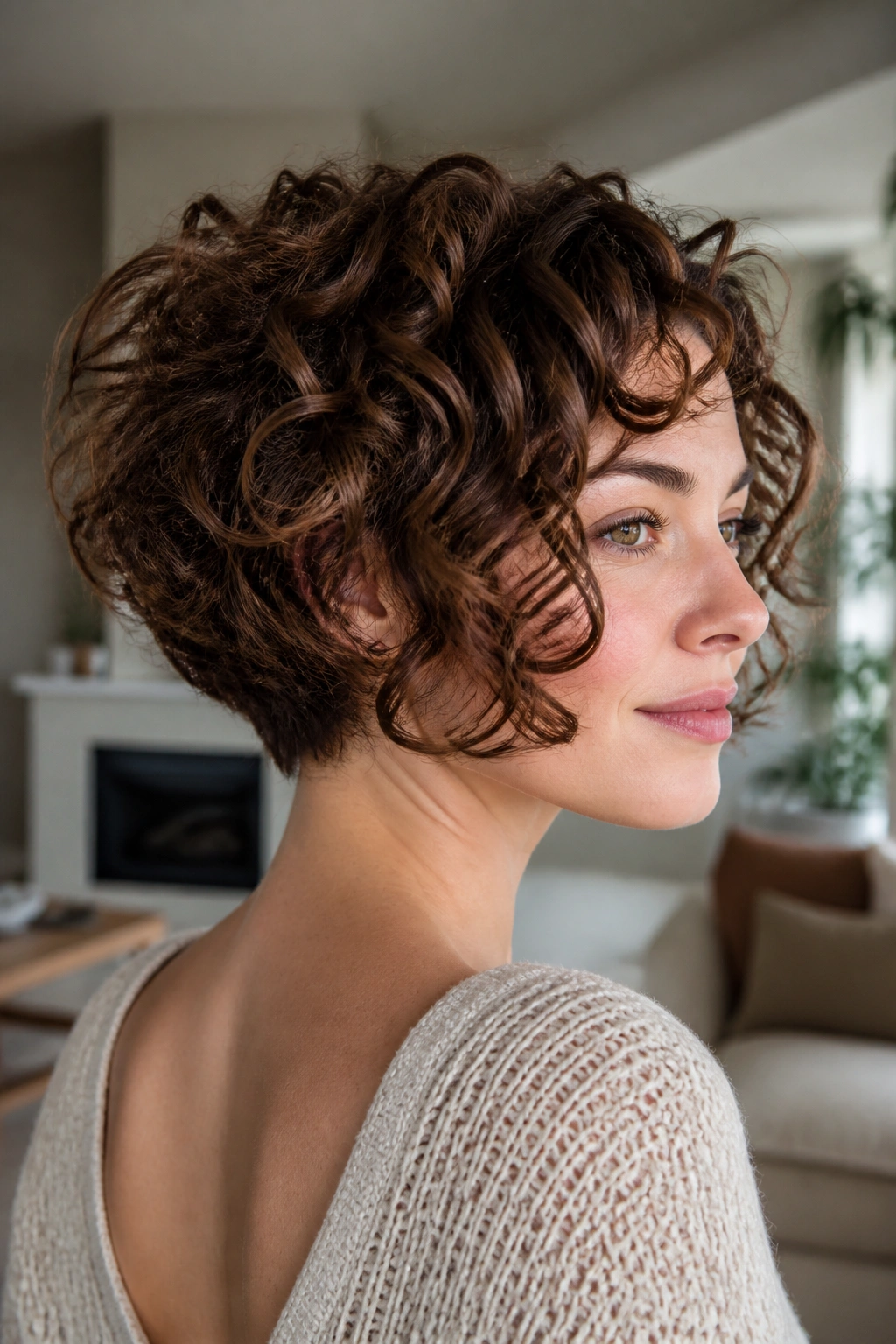 Close-up portrait of a person with a stacked curly bob hairstyle