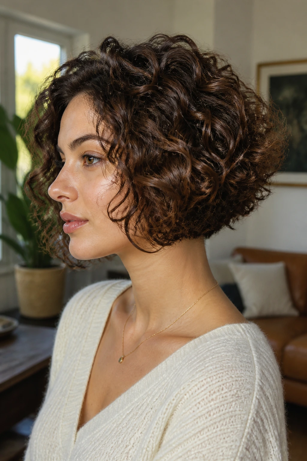 Close-up portrait of a real woman with stacked curly bob in natural window light.