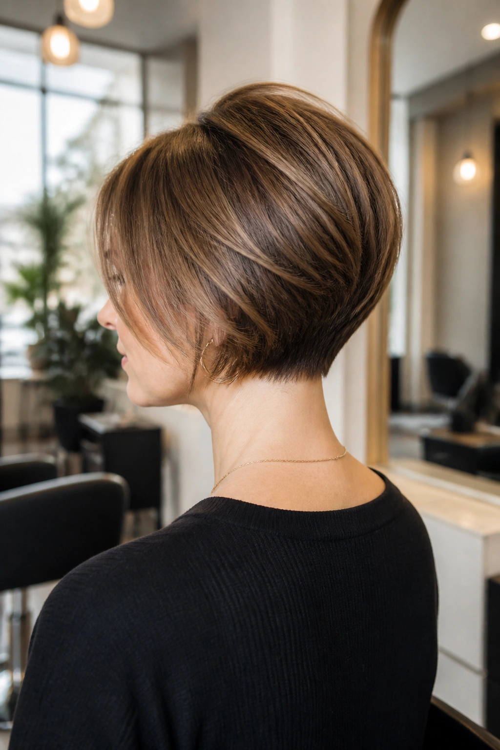 Three-quarter rear portrait of a real woman showing a stacked ear-length bob with lifted back.