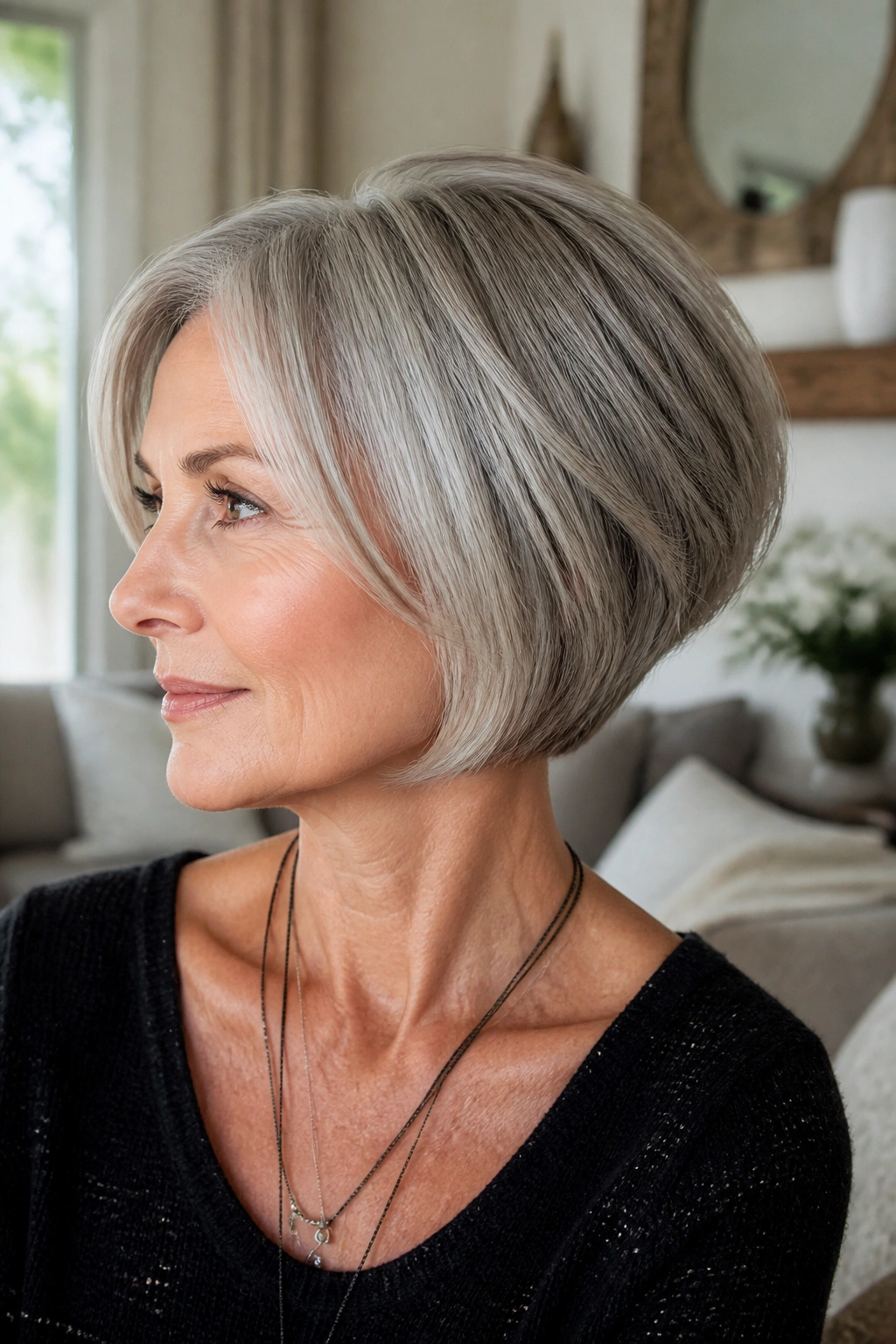 Close-up portrait of a real woman with a stacked gray bob