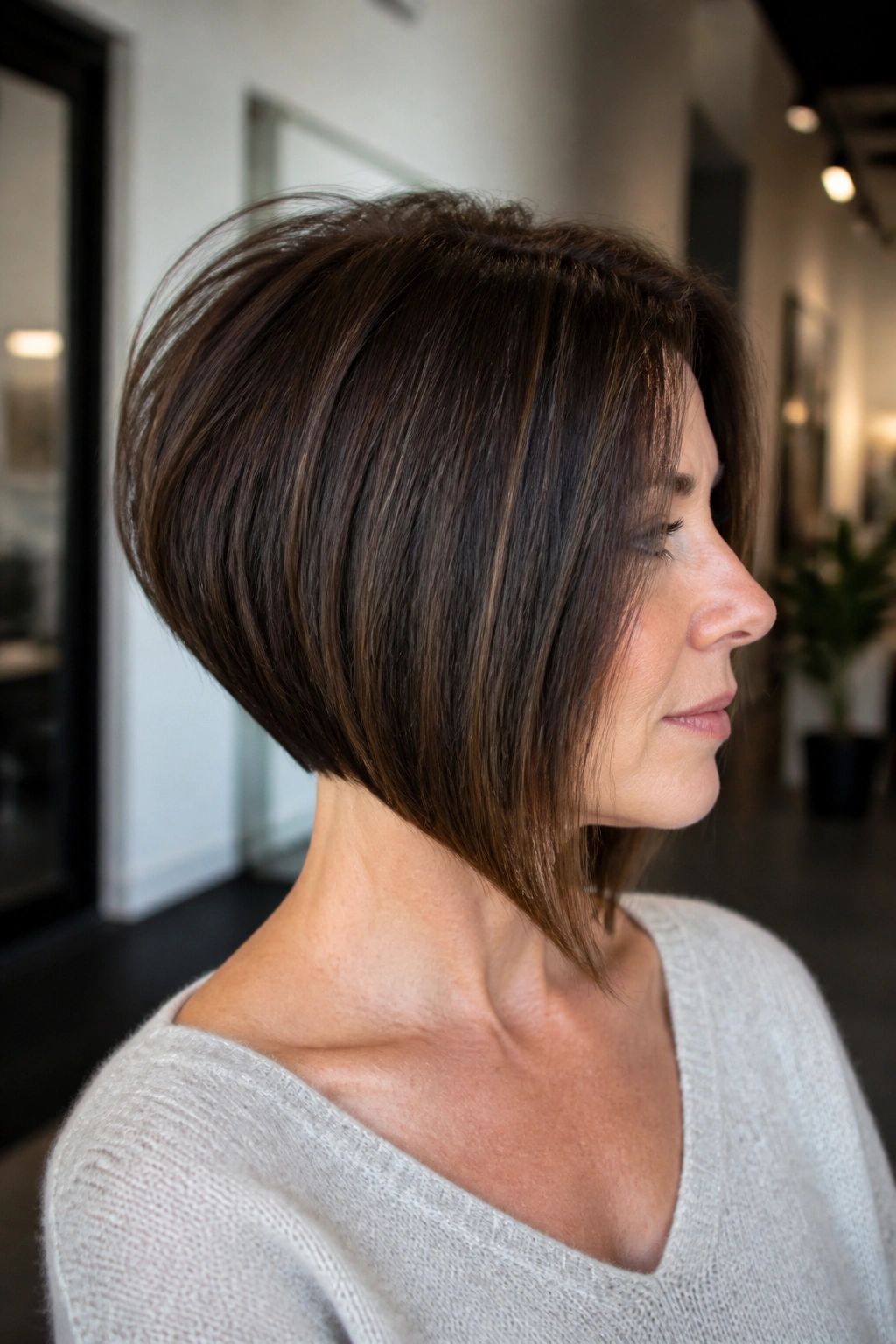 Portrait of a real person with stacked inverted bob showing back lift