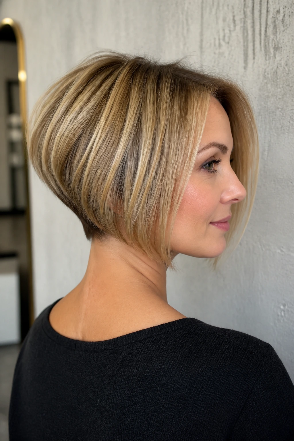 Real woman with stacked inverted bob showing back layers.