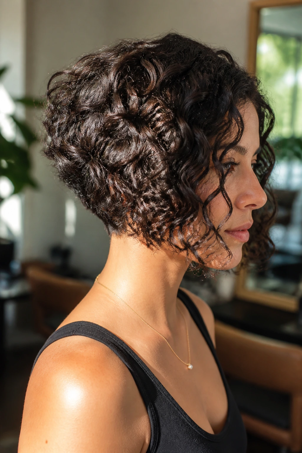 Three-quarter portrait of a real woman with a stacked inverted curly bob.