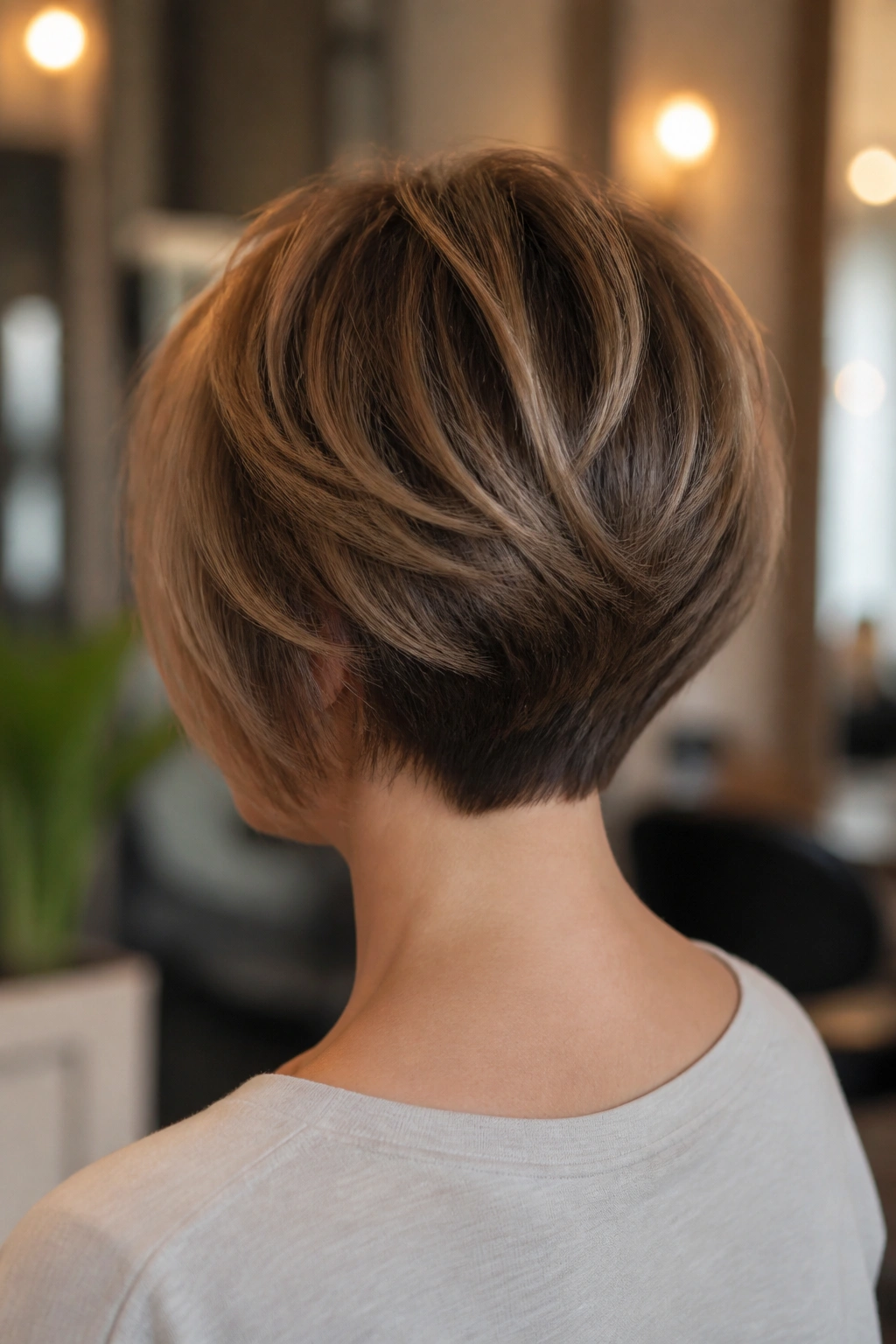 Back view of stacked layered bob highlighting the nape and rounded silhouette.