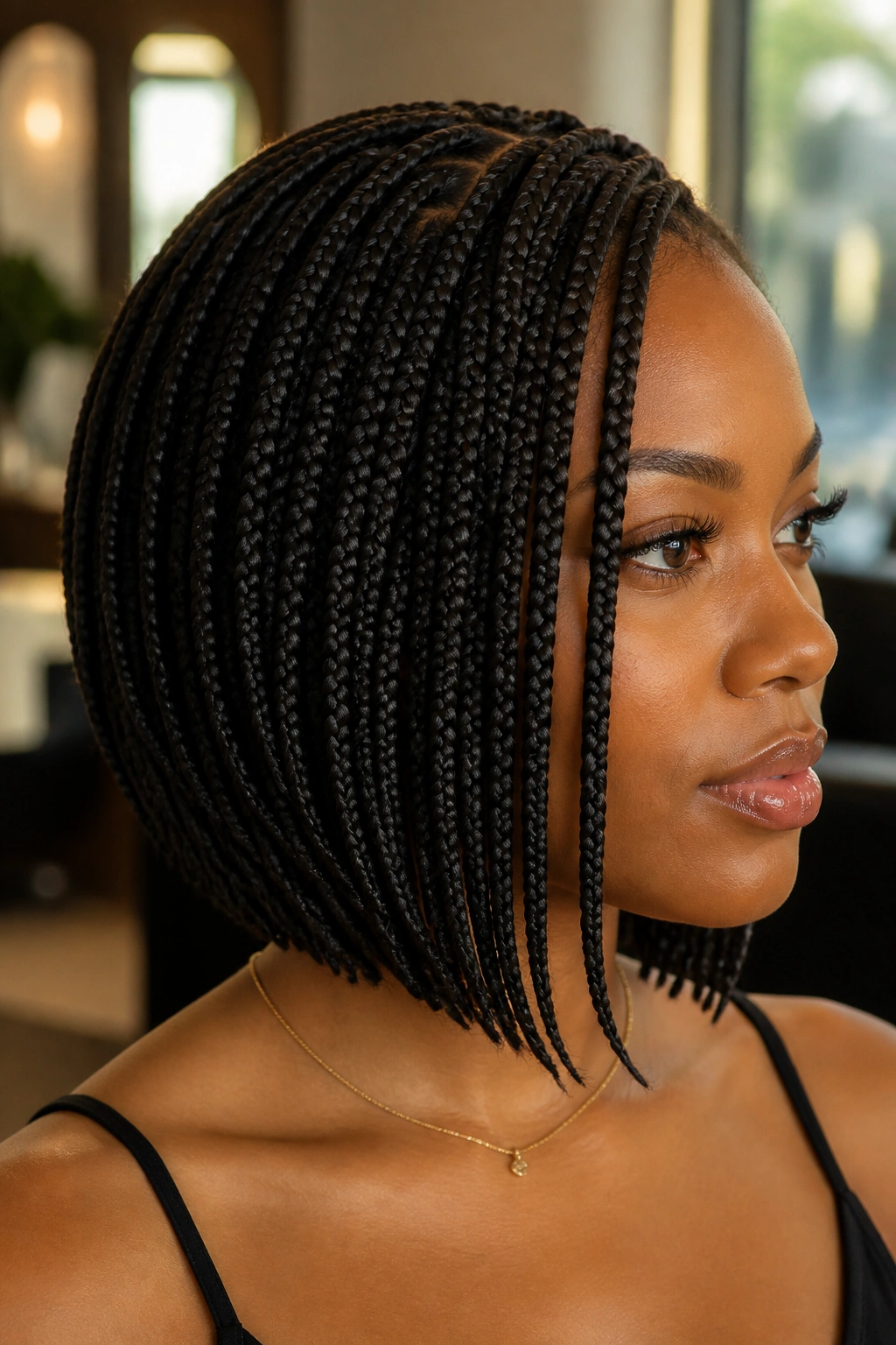 Close-up of stacked layered bob box braids on a real woman in a salon