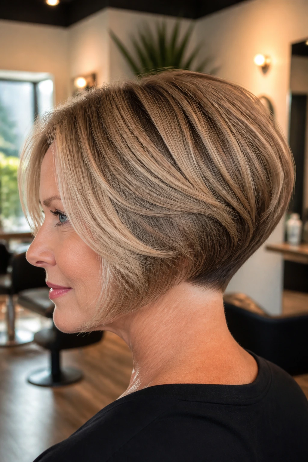 Three-quarter portrait of a real woman with a stacked layered bob showing rounded nape