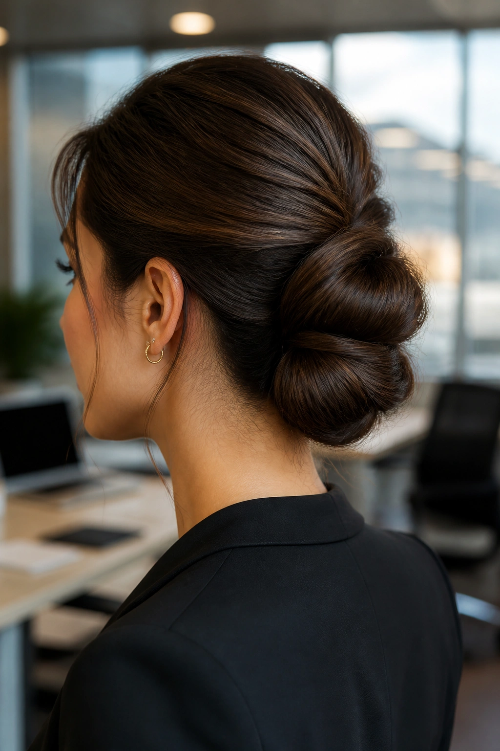 Close-up of Stacked Low Bun on a real woman with layered bun structure
