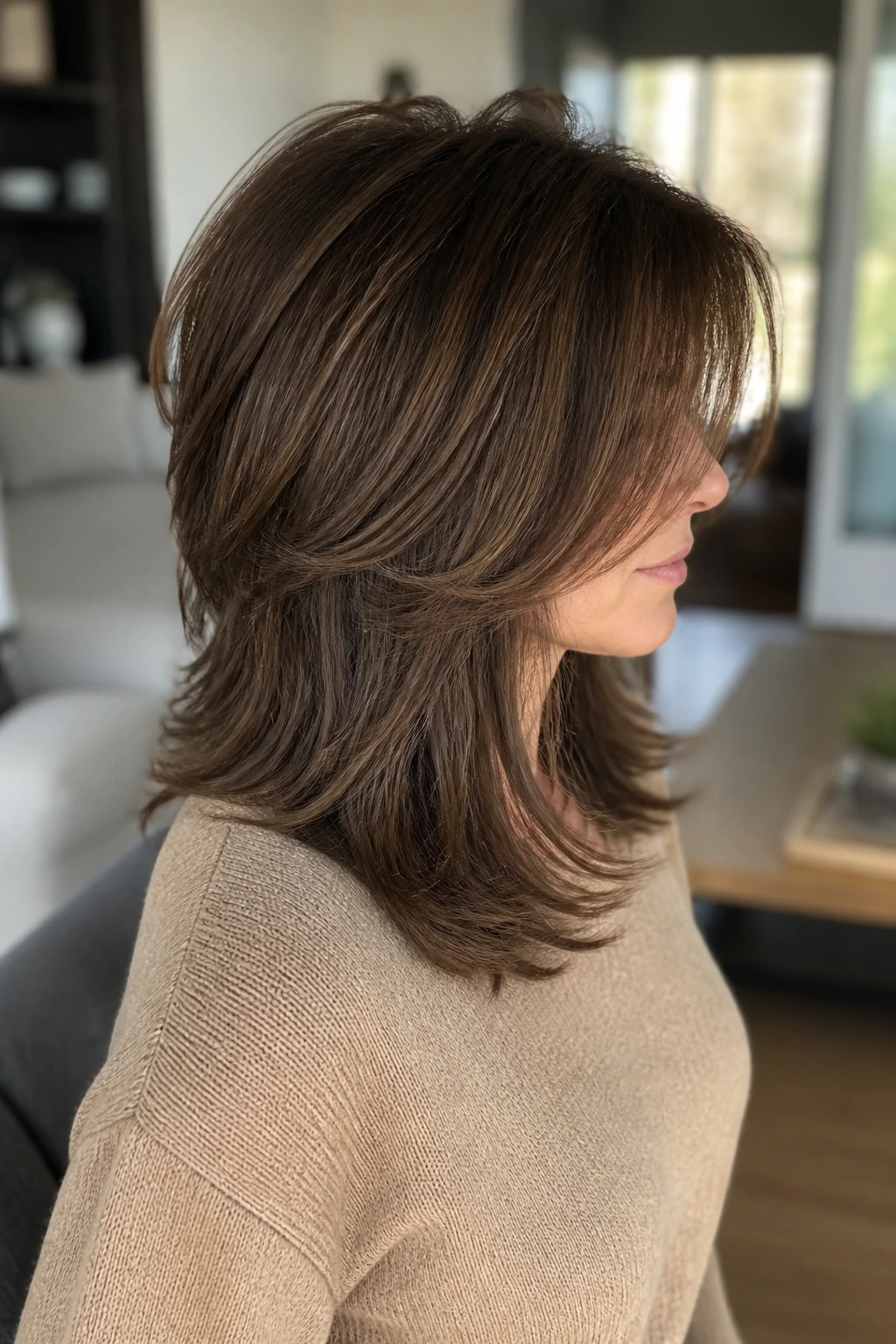 Three-quarter profile of a real woman with stacked mid-length layers highlighting crown lift.