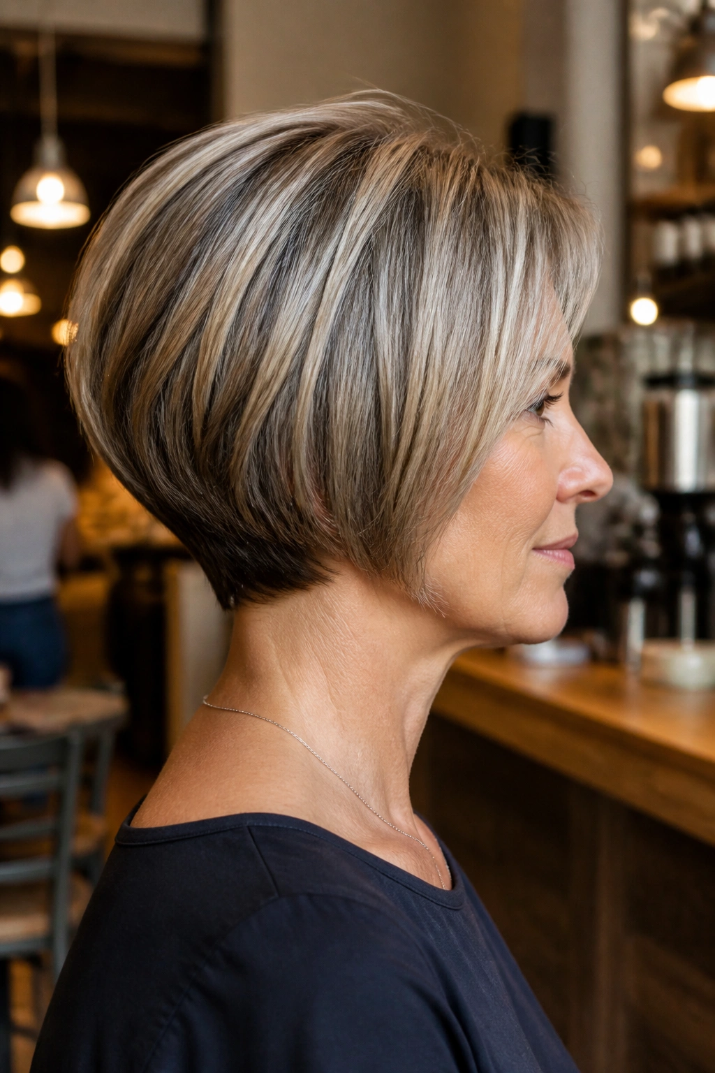 Side-profile of a real woman with stacked nape bob lifting at back