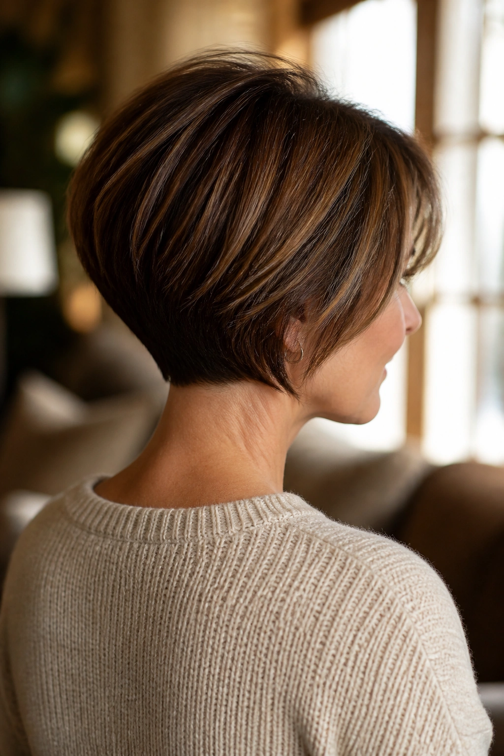Close-up of stacked nape bob on a real woman with lift at the crown