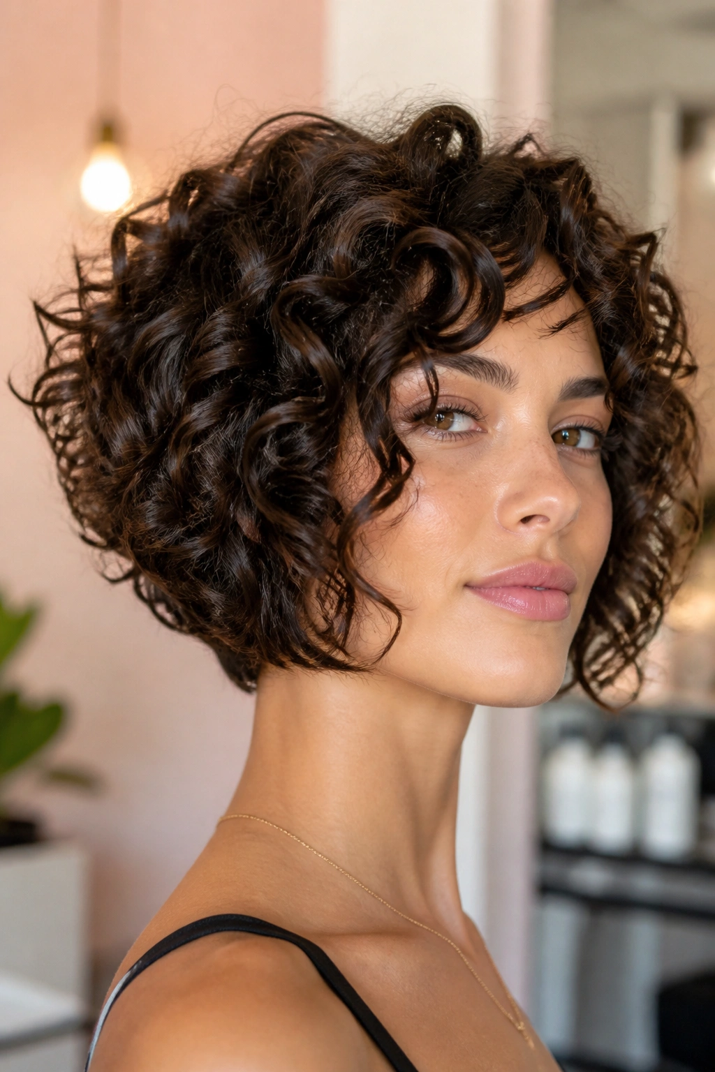 Close-up of a real woman with a stacked nape bob and thick curls