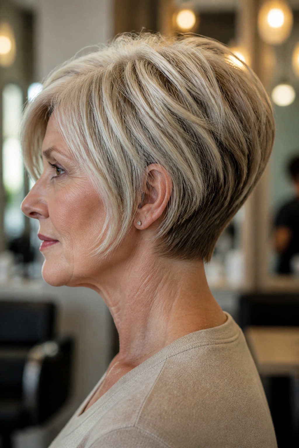 Side-profile of a woman with stacked nape lifting the pixie bob