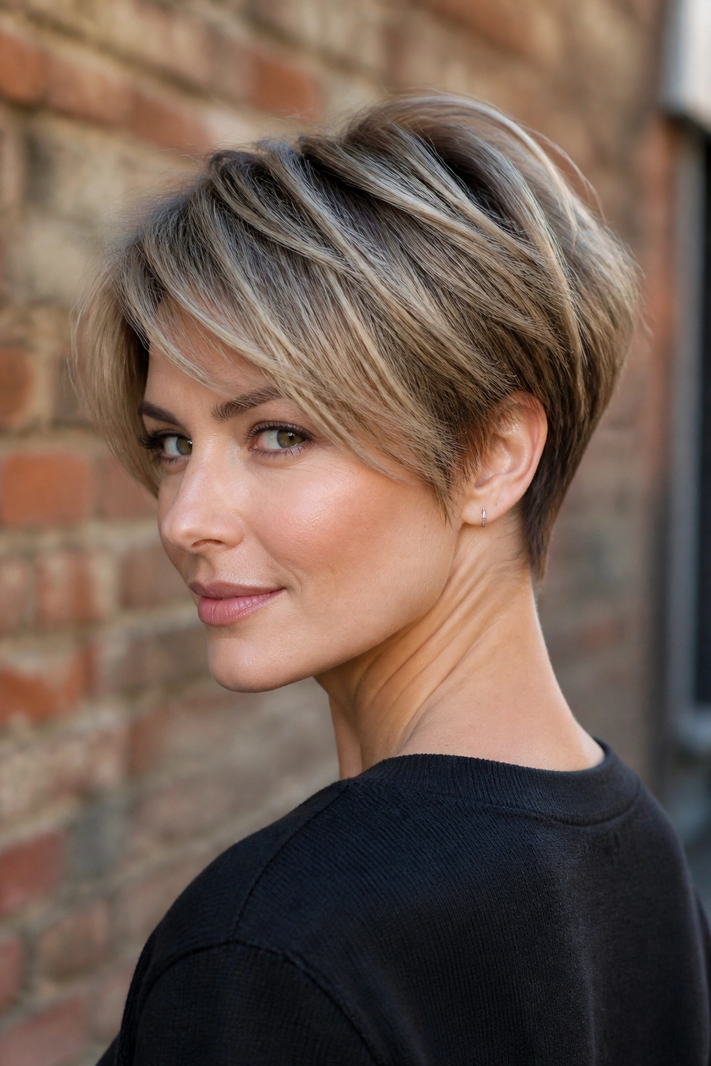 Real woman with stacked back long pixie, back shows curved stack and rounded silhouette.