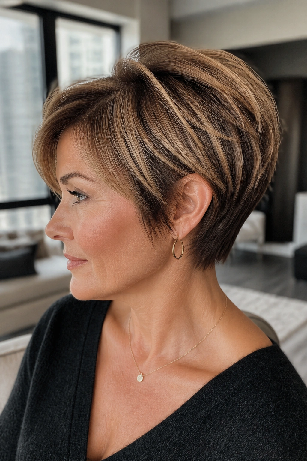 Close-up of a real person showing a stacked pixie bob with caramel lift at the crown