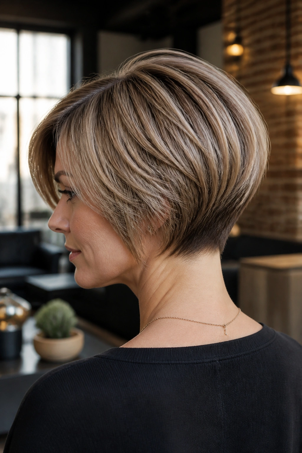 Portrait of a real woman with a Stacked Pixie Bob and rounded back for fullness.