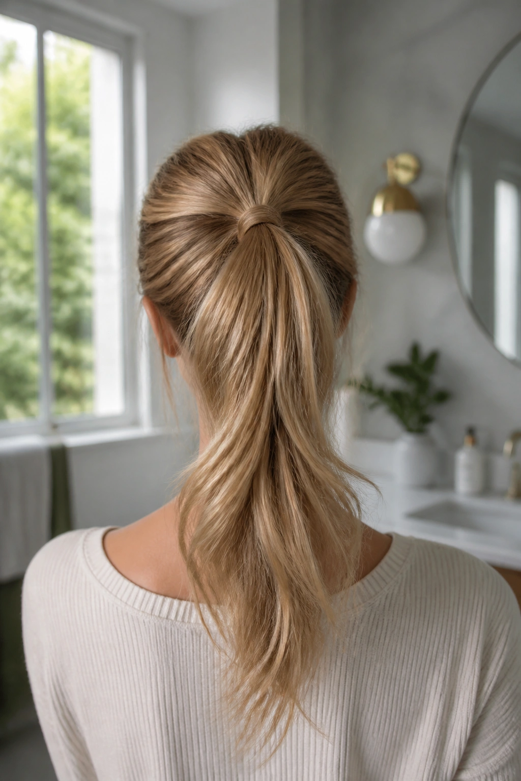 Back view of a real woman with stacked ponytails for added fullness.