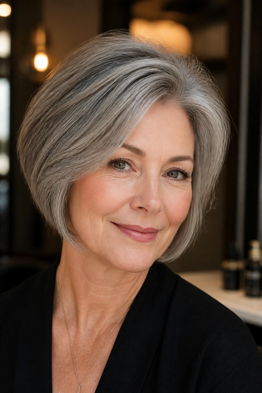 Portrait of a woman with a stacked volume bob and lifted crown