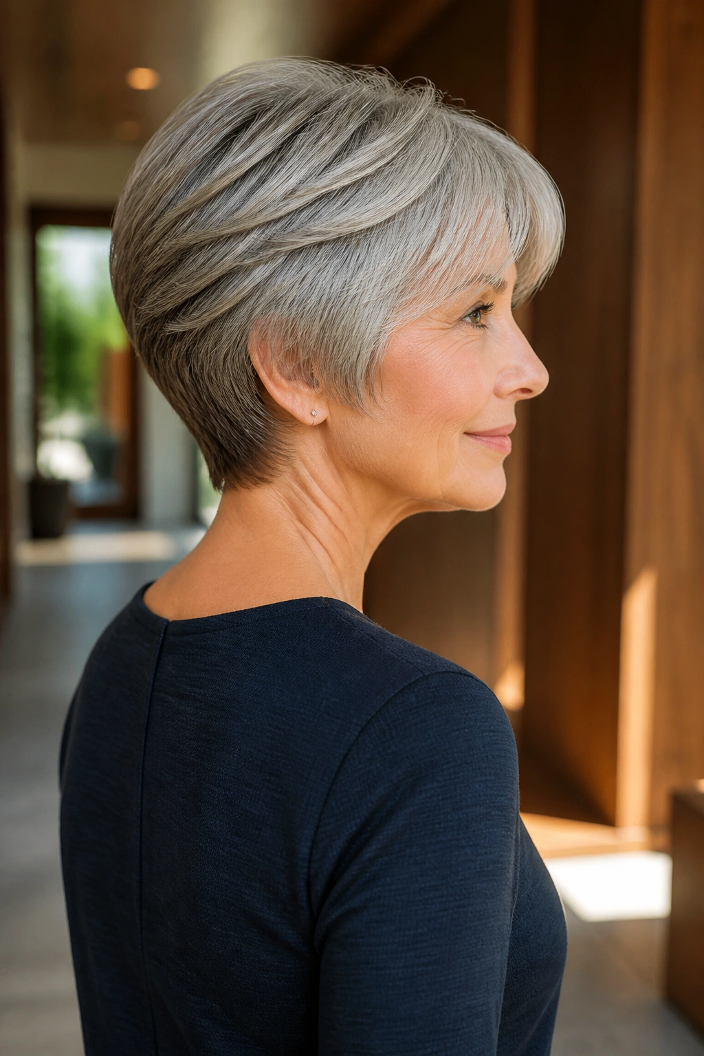 Three-quarter portrait of a real woman with stacked wedge haircut