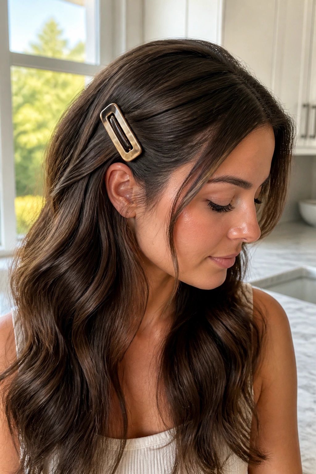 Close-up of a real woman wearing a bold statement barrette above the ear in long hair.