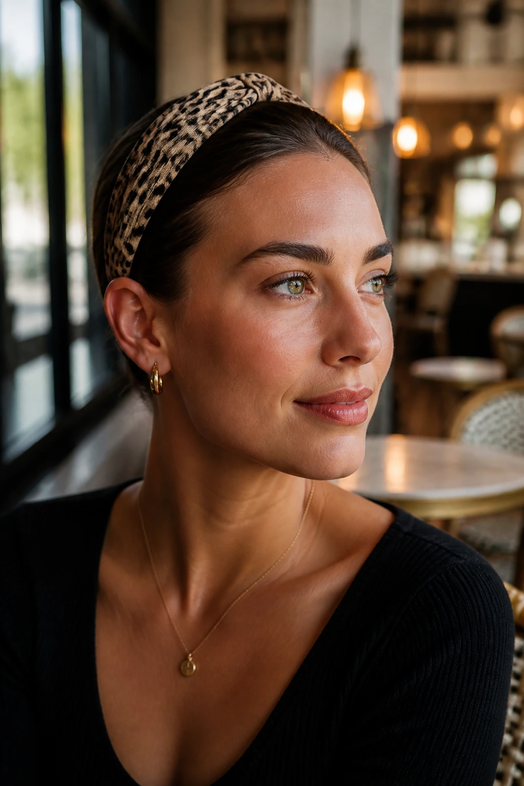 Close-up of a real woman with a bold headband on her head, hair pulled back