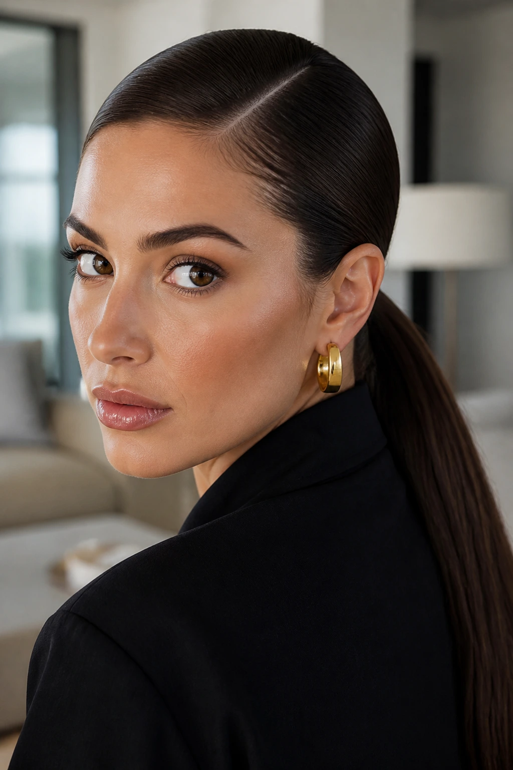 Close-up of a real woman with a bold side-part ponytail