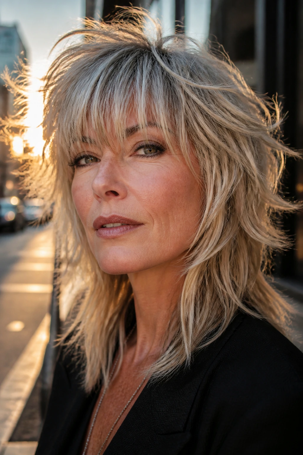 Close-up portrait of a real woman with bold movement in a statement shag
