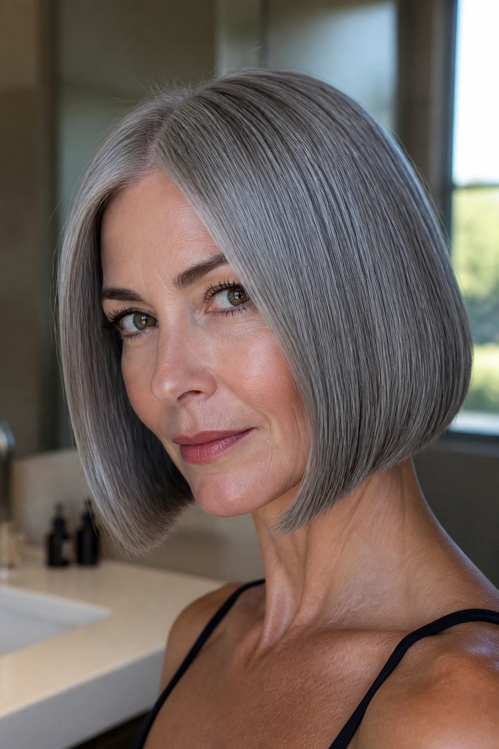 Close-up of real woman with high-shine steel-gray bob in natural window light