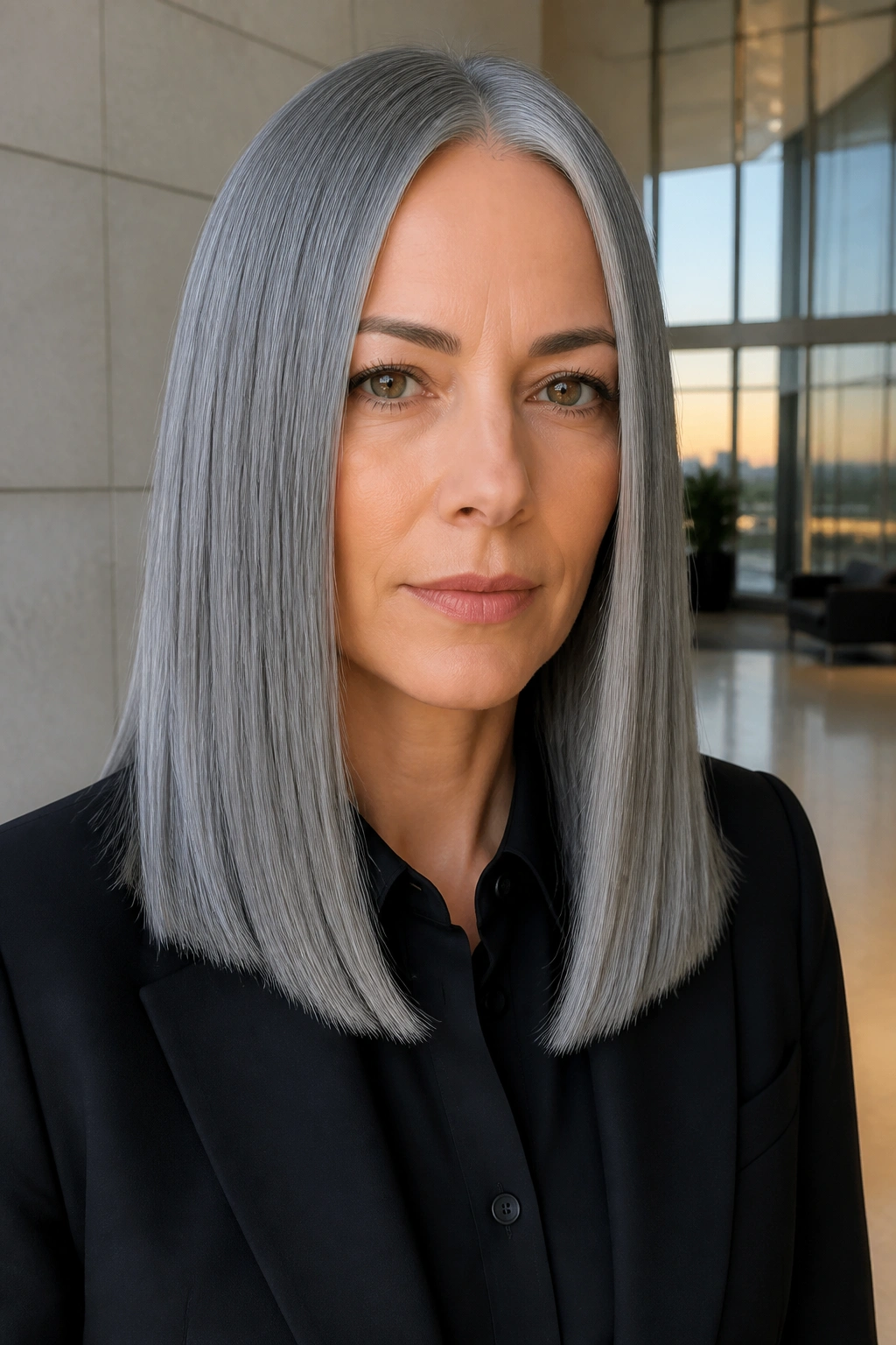 Real person with steel gray sleek straight hair in an urban backdrop