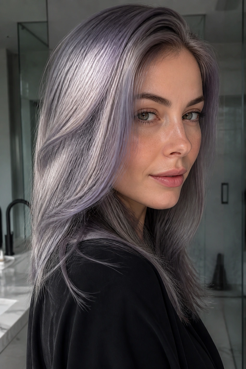 Close-up of steel grey hair with violet sheen on a real person.