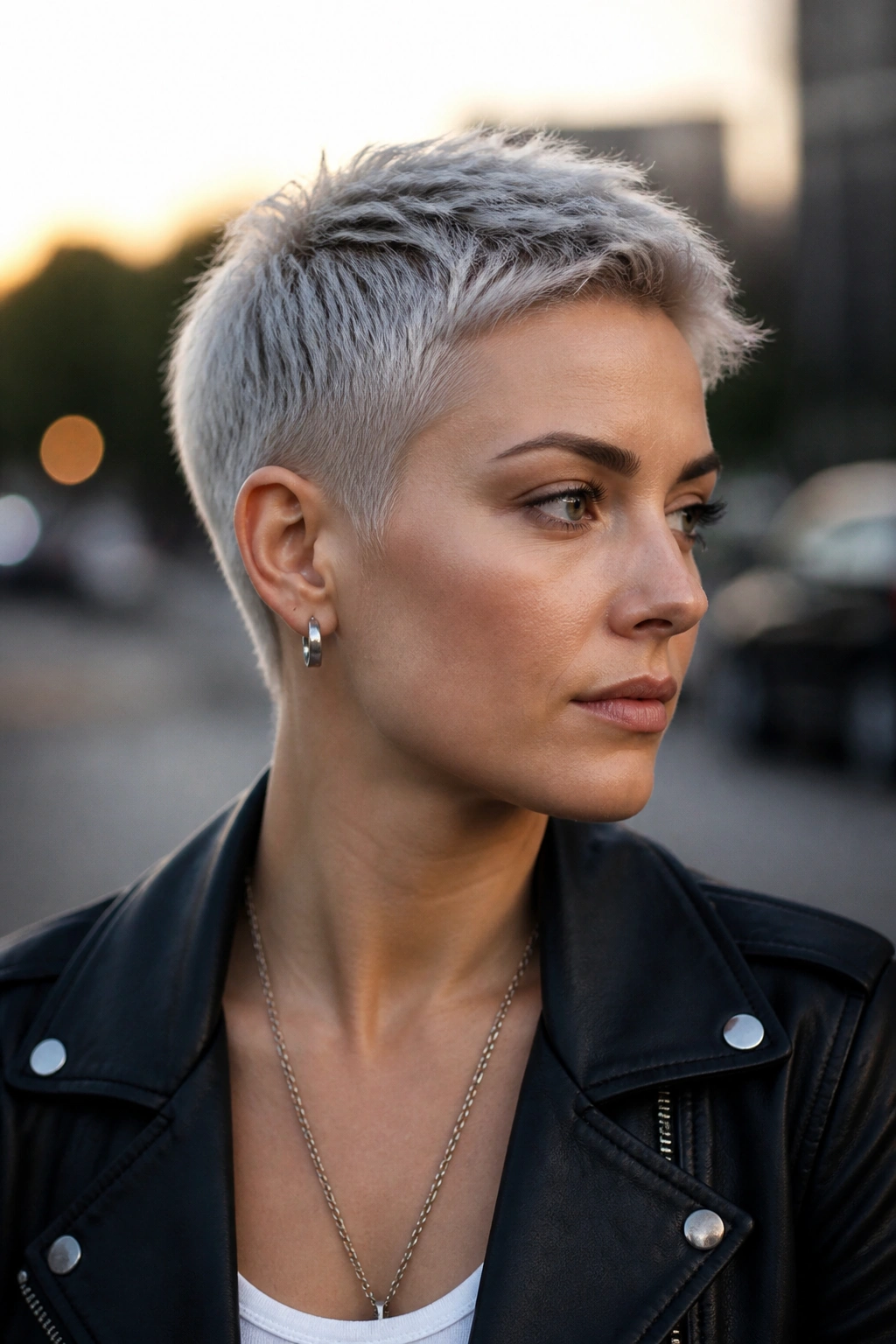 Portrait of a real person with steel silver crop and tapered sides.