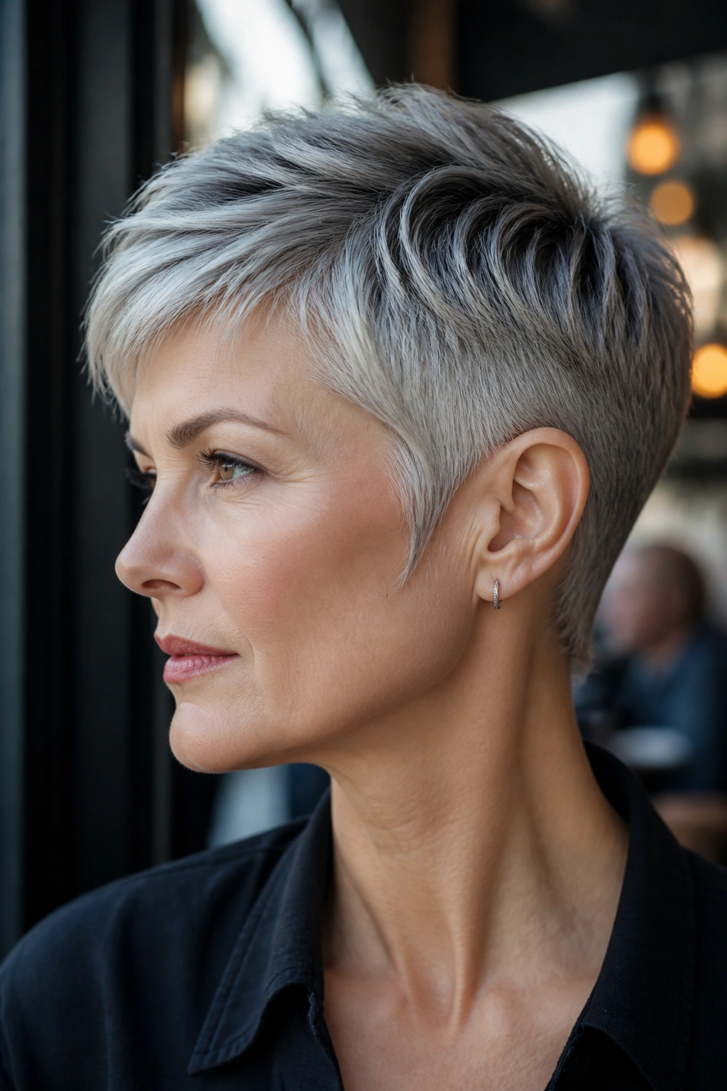 Close-up of a real person with a steel silver pixie and sideburn detail.