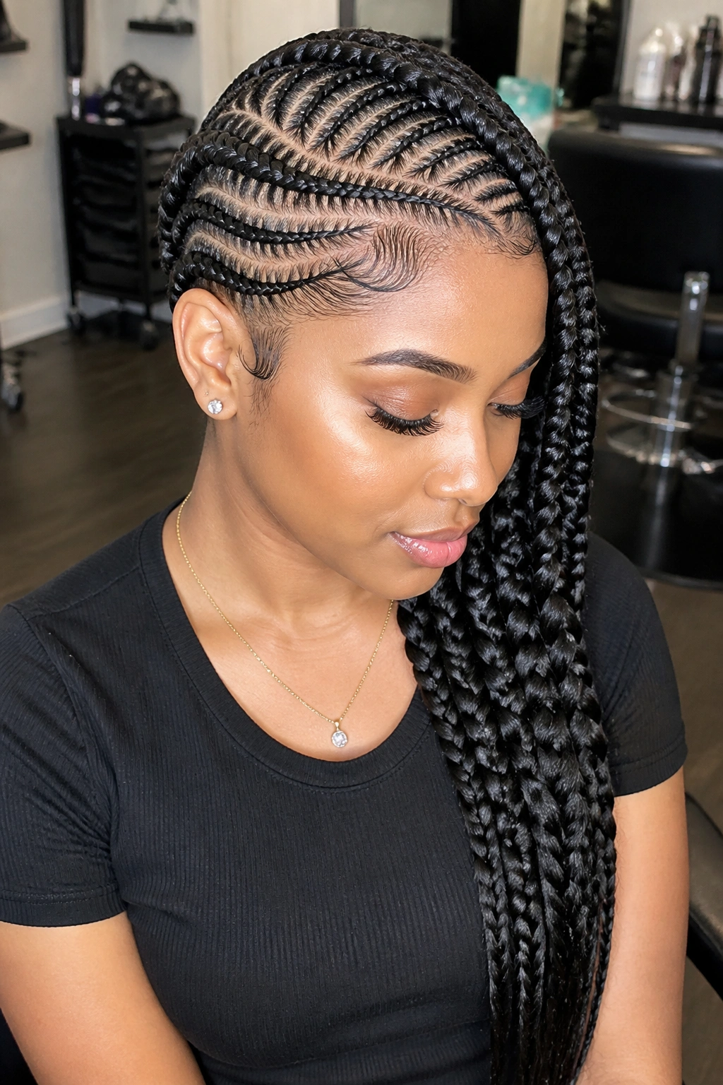 Close-up of a stitch braid with clean sections swept to one side on a real person