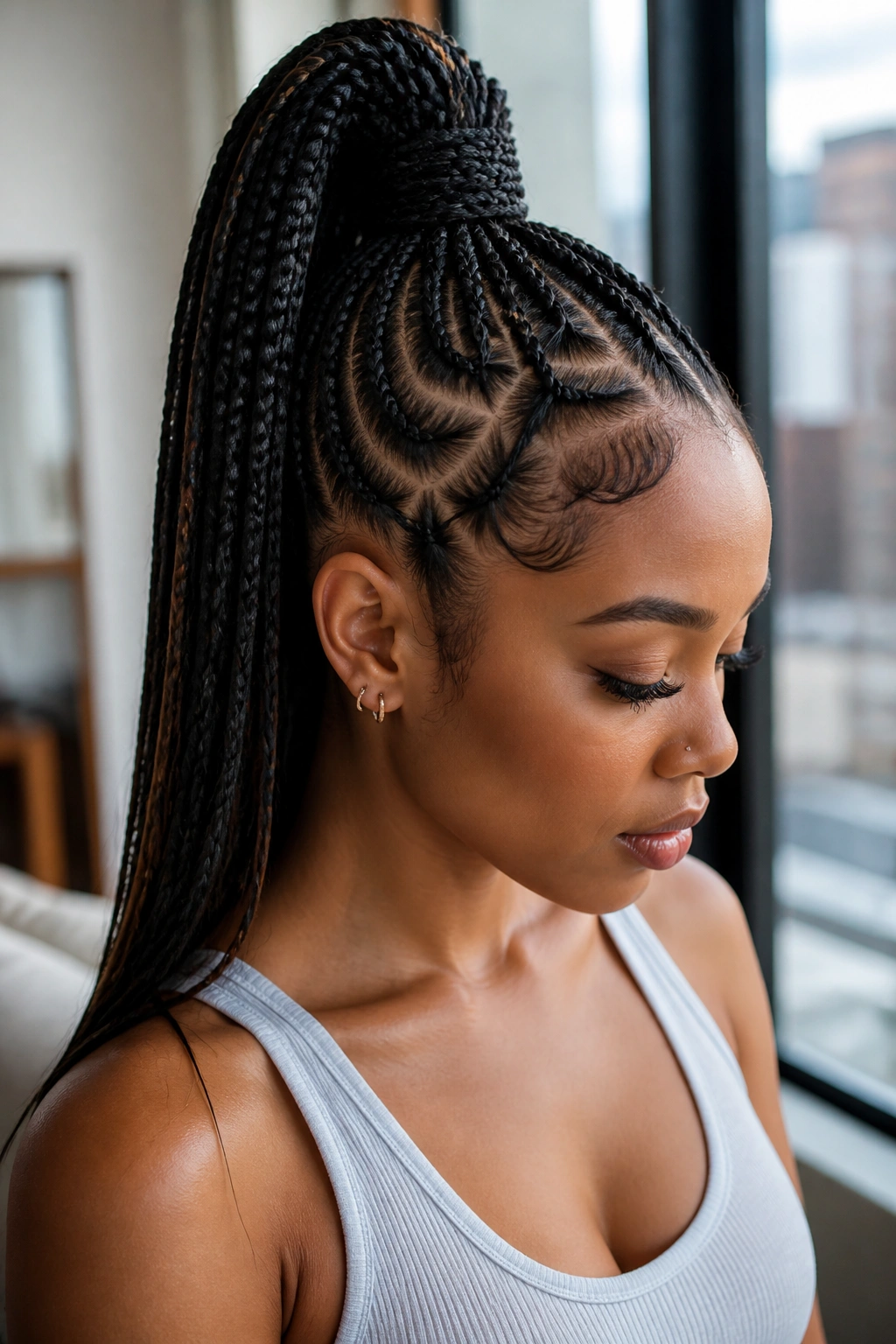Close-up portrait of a real Black woman with stitch-braid high ponytail
