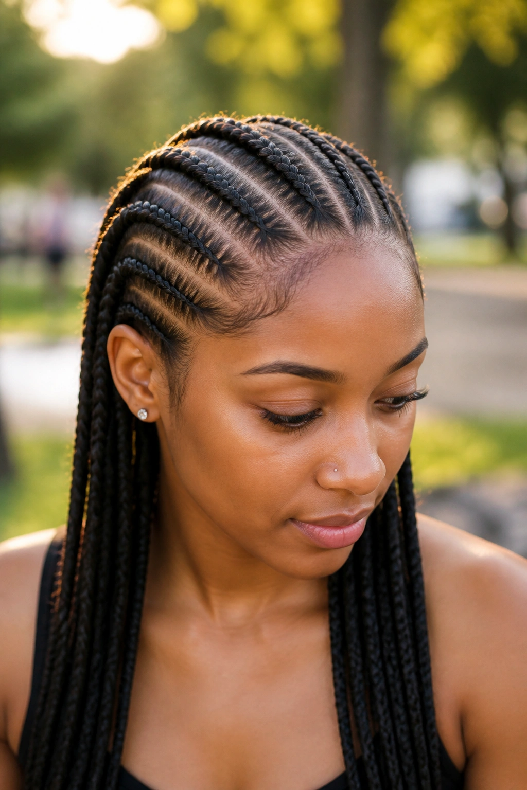 Close-up of a woman with stitch braids and crisp scalp parting