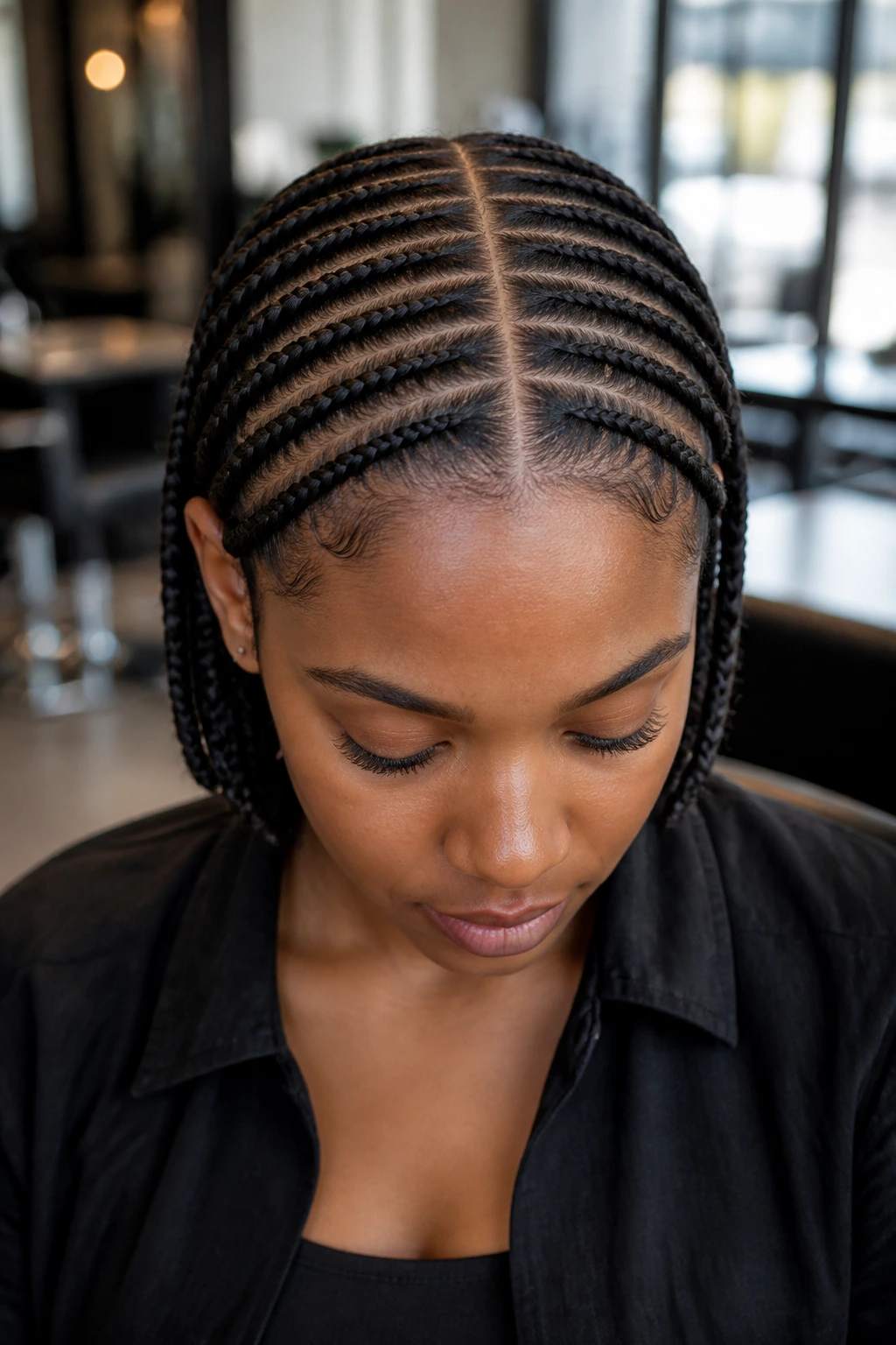 Close-up of stitch braids with a crisp middle part on a real woman in a salon