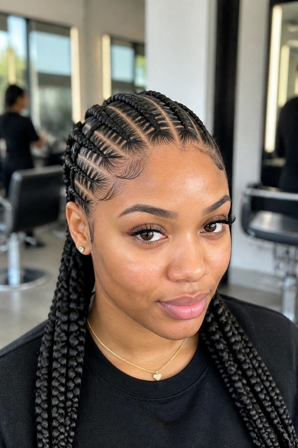 Close-up of a real person displaying stitch braids with visible segment lines along the scalp