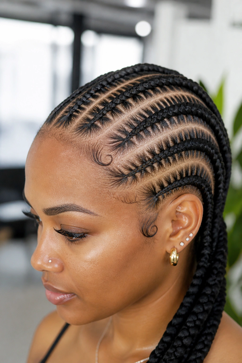Real woman with stitch braids in a bright salon