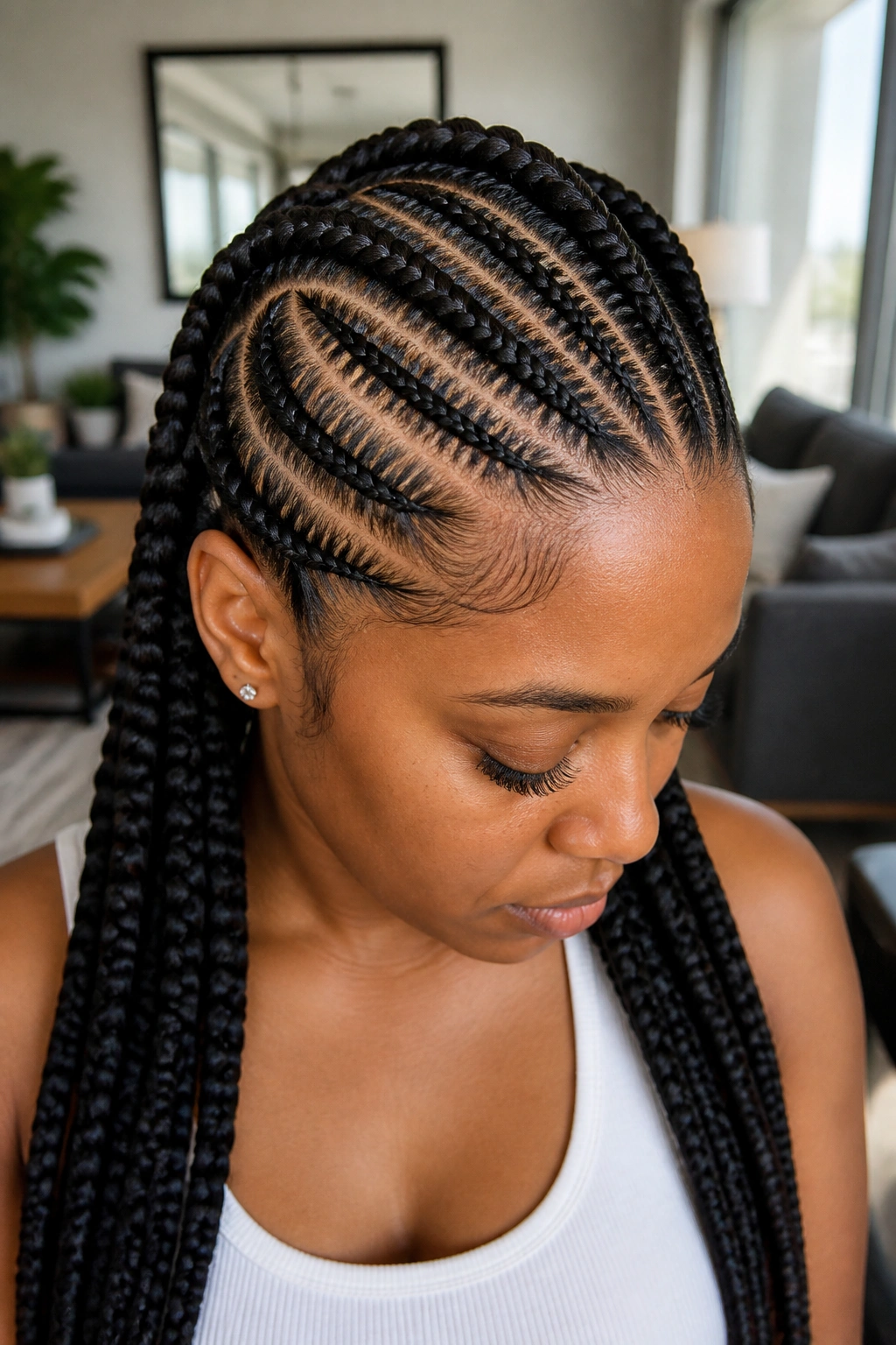 Close-up of a real woman with stitch braids and crisp scalp parts