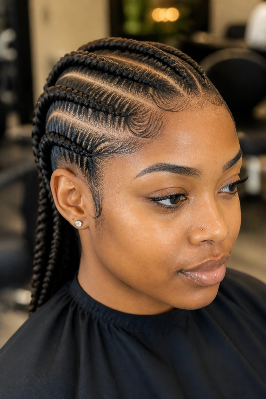 Close-up of a real woman with stitch braids and parallel scalp lines in a salon