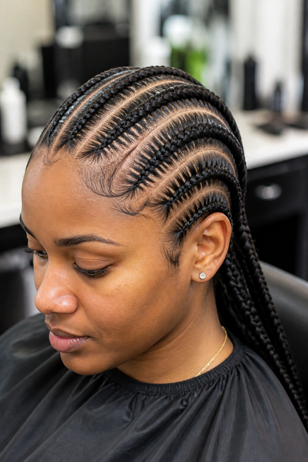 Close-up of a real woman with stitch braids along the scalp in a salon setting