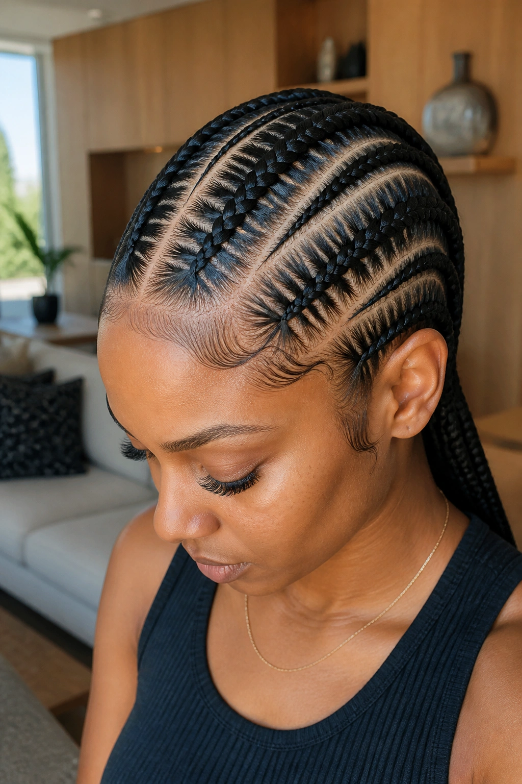 Close-up of a real woman with stitch braids creating crisp scalp lines