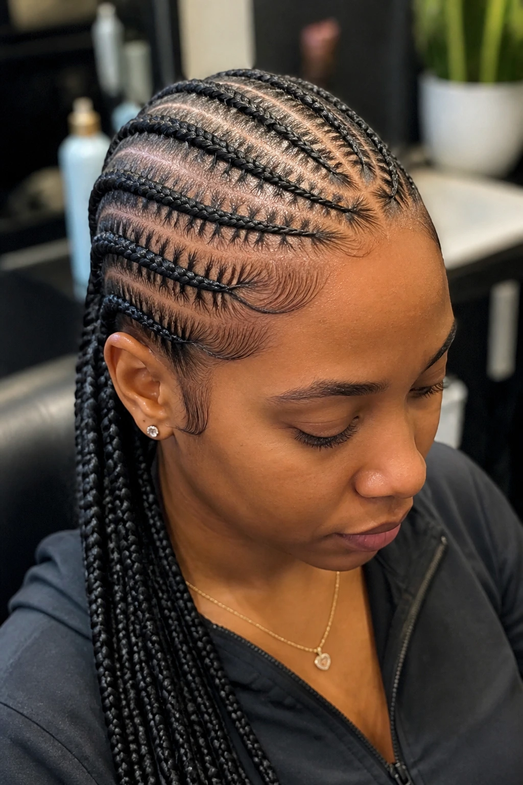 Close-up of a real person with stitch braids in a stylish salon