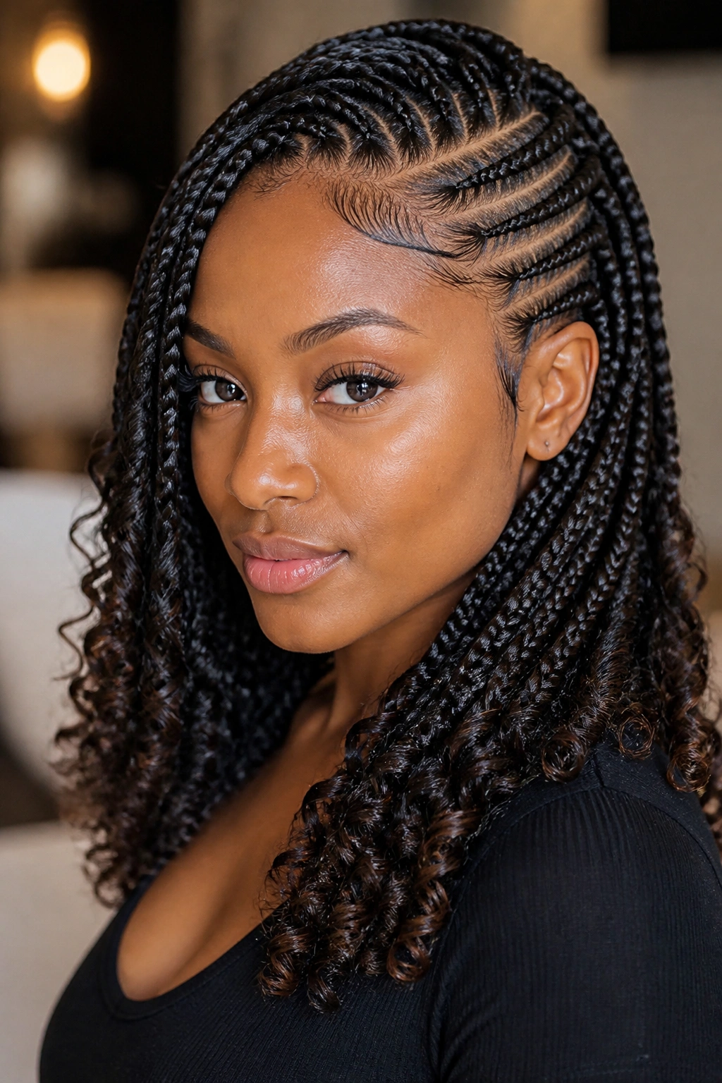 Portrait of a woman with side-part stitch braids and curled ends