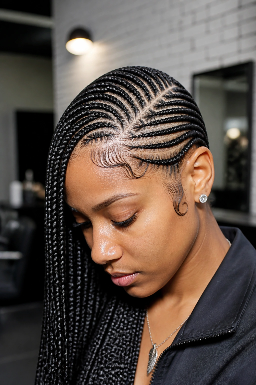 Front close-up of Stitch Lemonade Braids with razor-sharp parts