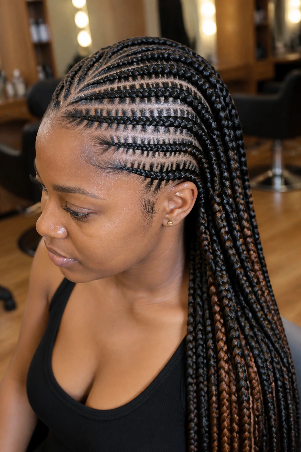 Close-up of a real woman with stitch-part Ghana braids showing crisp scalp lines