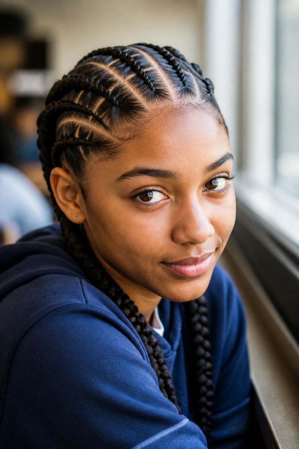 Close-up portrait of a teen girl with stitch-style double Dutch braids in a classroom setting