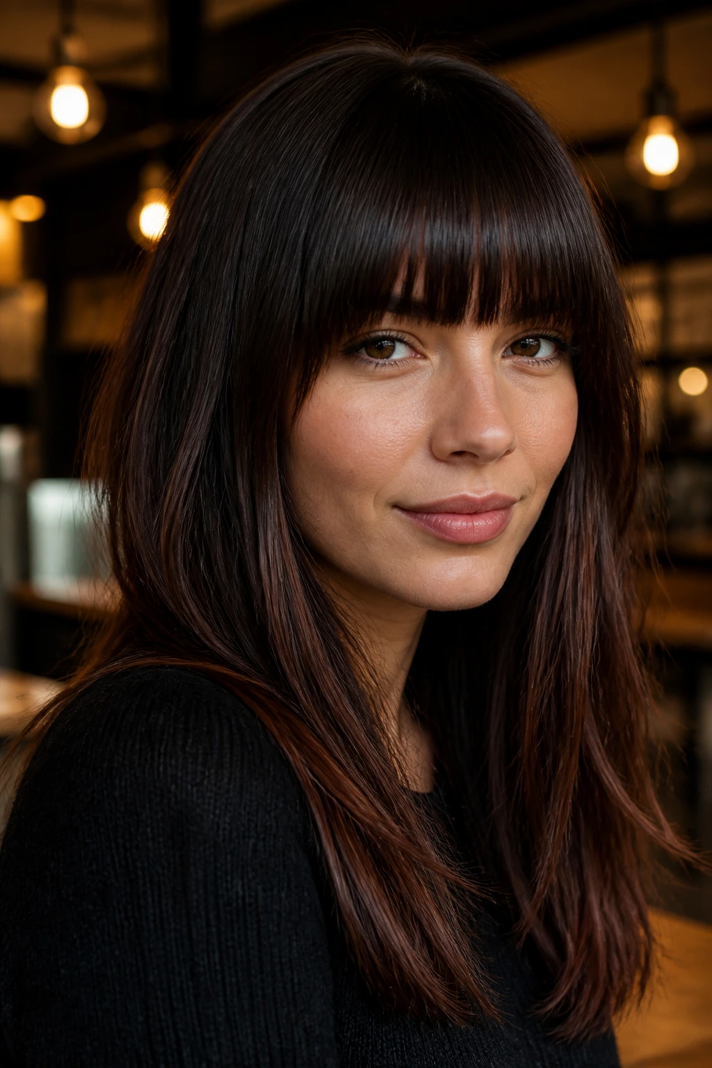 Close-up of straight-across bangs with hidden mahogany depth on a real brunette