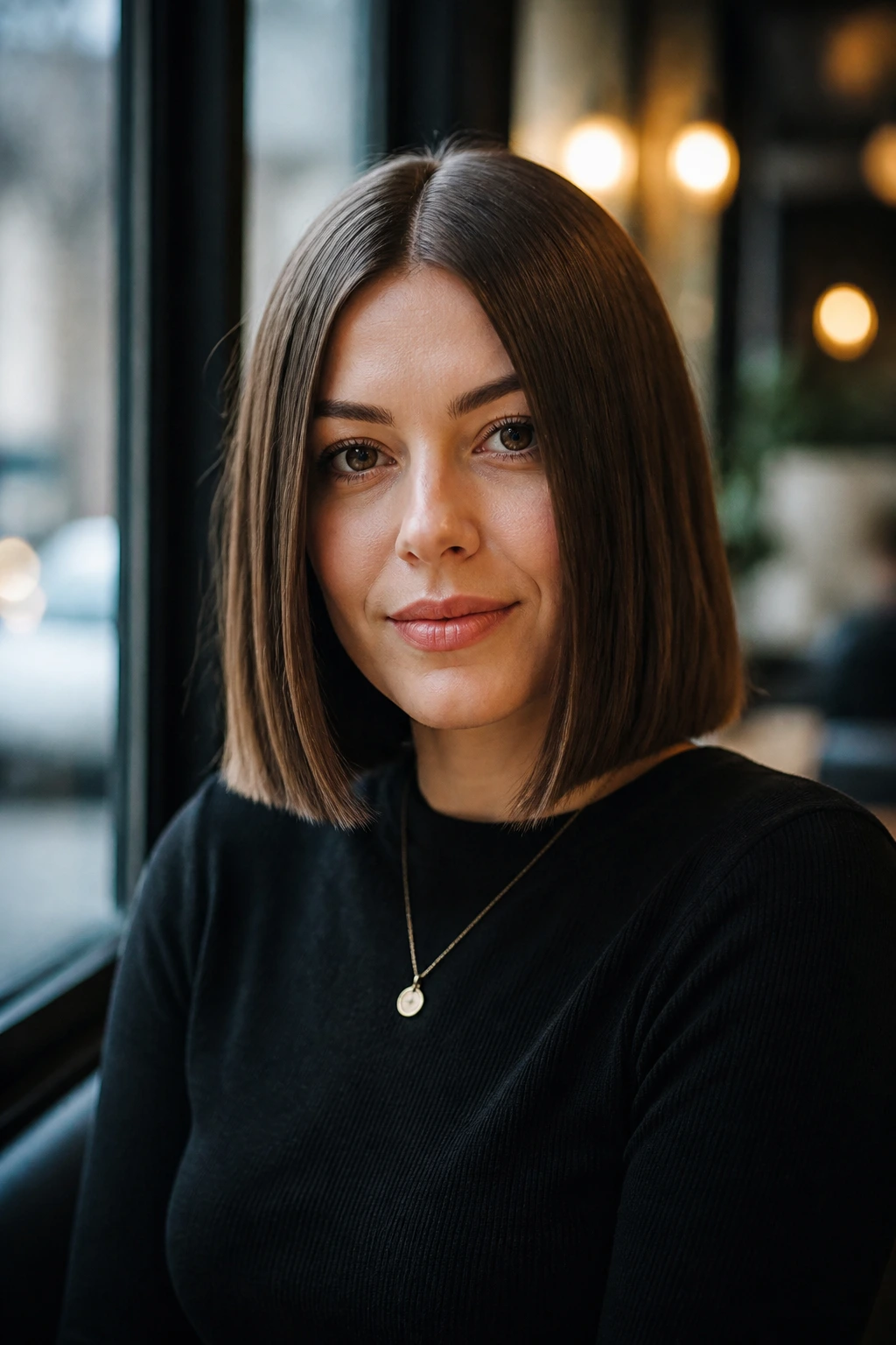 Close-up portrait of a real woman with a blunt straight-across lob and no layers in soft cafe daylight