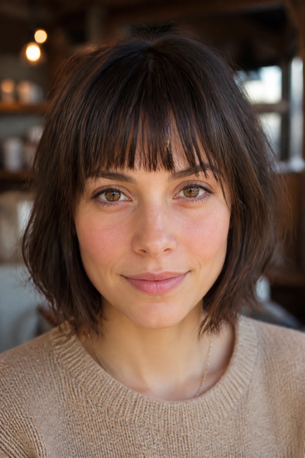 Close-up of blunt textured bangs on a real person in warm cafe light