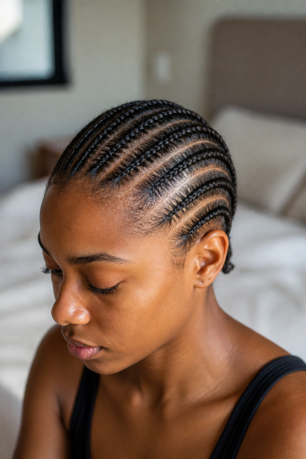 Real woman with straight-back cornrows from hairline to nape.